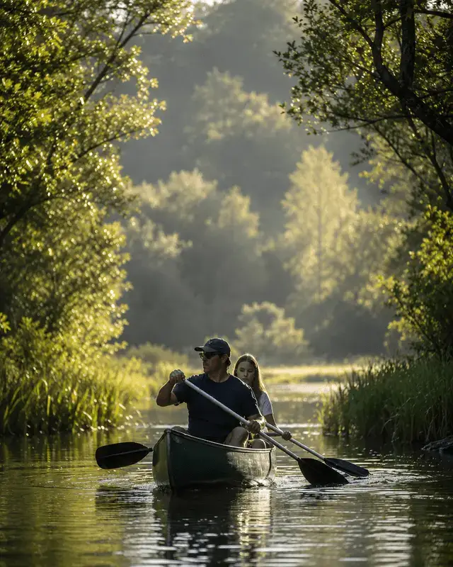 Man and woman paddling a green canoe along a sunlit forest river.