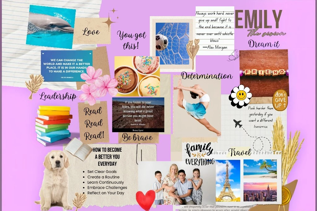 Vibrant collage with quotes about leadership, determination, and motivation, plus photos of books, a puppy, flowers, travel images (Eiffel Tower, beach), and a smiley sticker.