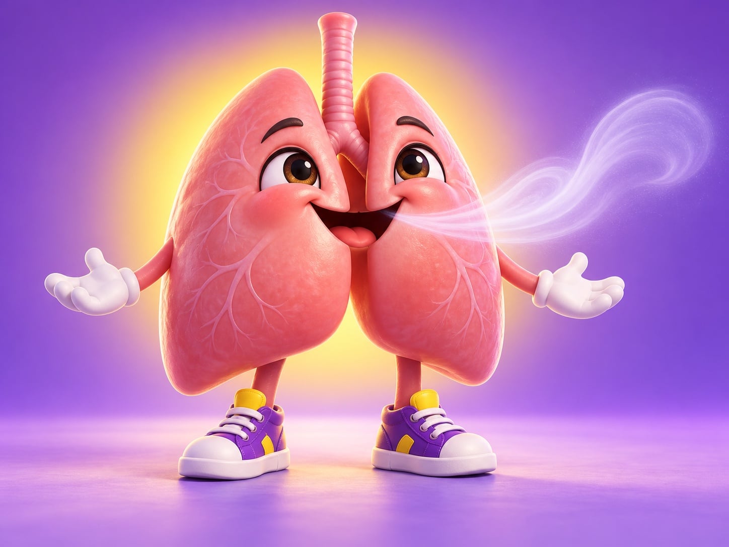 A playful 3D cartoon pair of lungs gently breathing out
